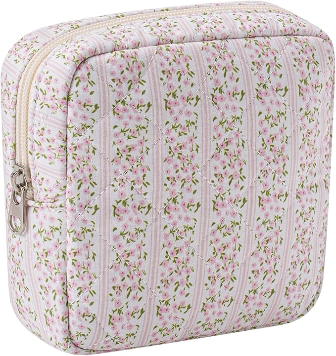 Small Quilted Cotton Makeup Bag for Purse, Cosmetic Bag with Compartments, Cotton Aesthetic Makeup Bag, Travel Toiletry Pouch, Lipstick Bag Card Holder Data Cable Organizer (16Striated Flower)