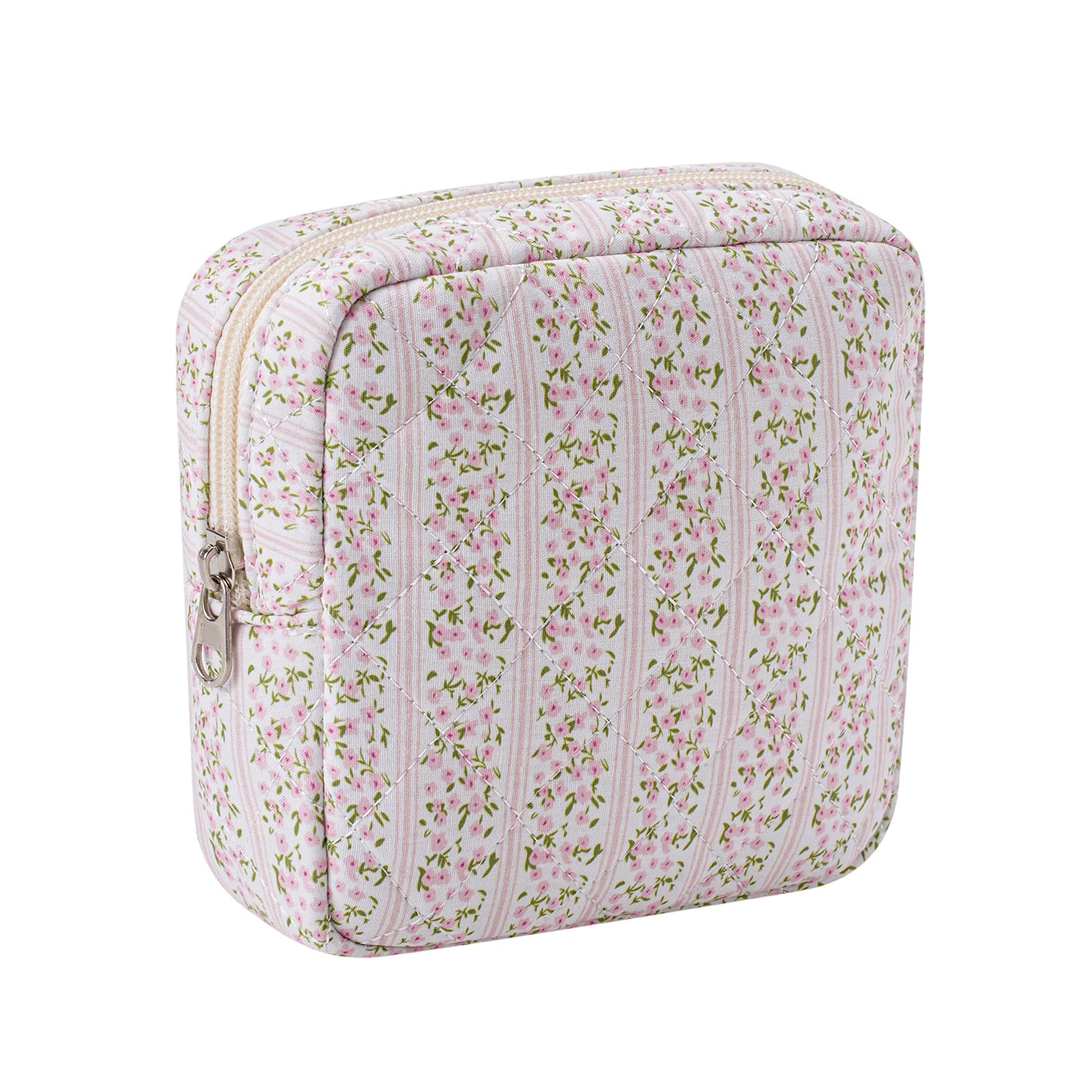 Small Quilted Cotton Makeup Bag for Purse, Cosmetic Bag with Compartments, Cotton Aesthetic Makeup Bag, Travel Toiletry Pouch, Lipstick Bag Card Holder Data Cable Organizer (16Striated Flower)