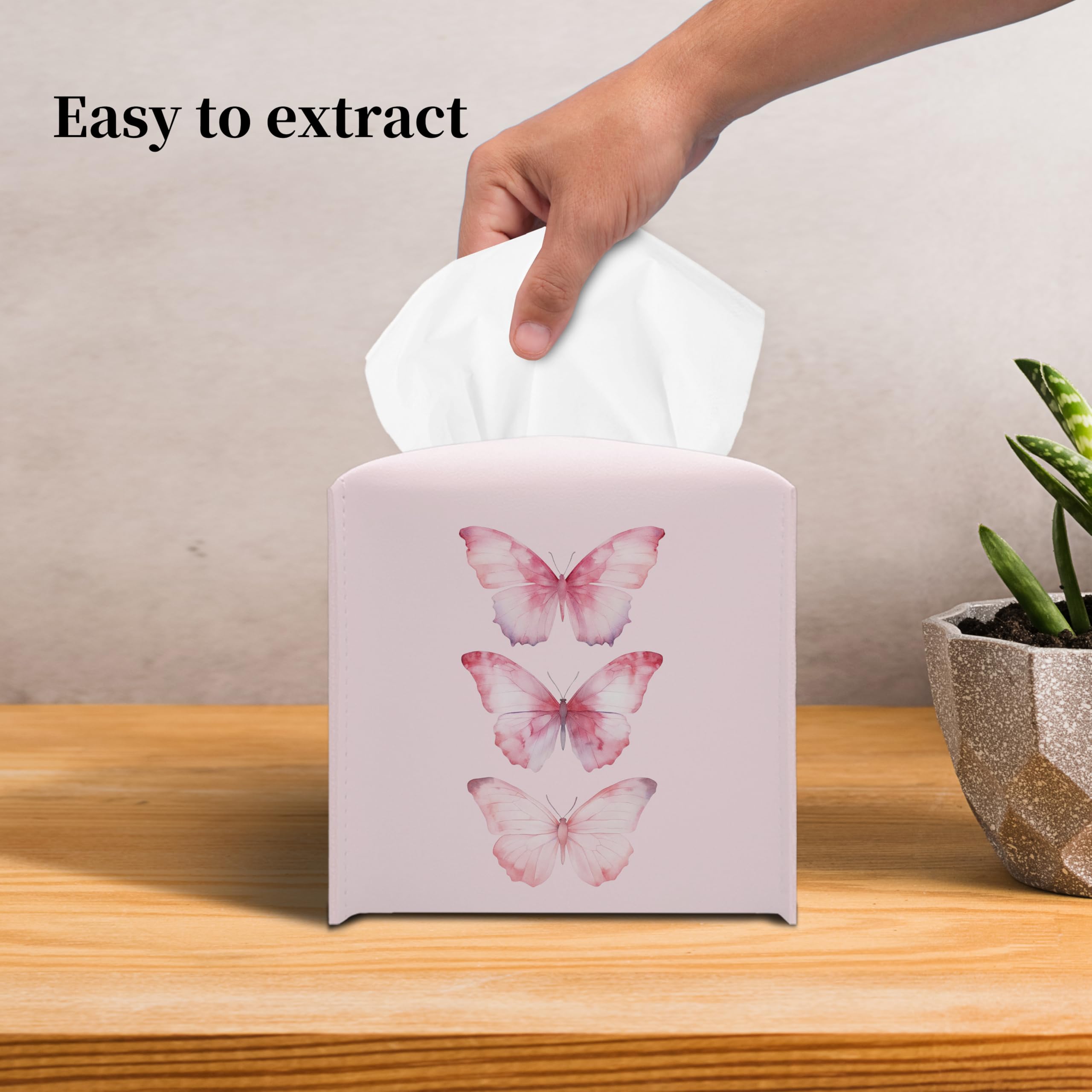 Grace Yonks Cute Pink Butterfly Tissue Box Cover Square, Cube Case for Facial Tissues, 5.2" PU Leather(075)