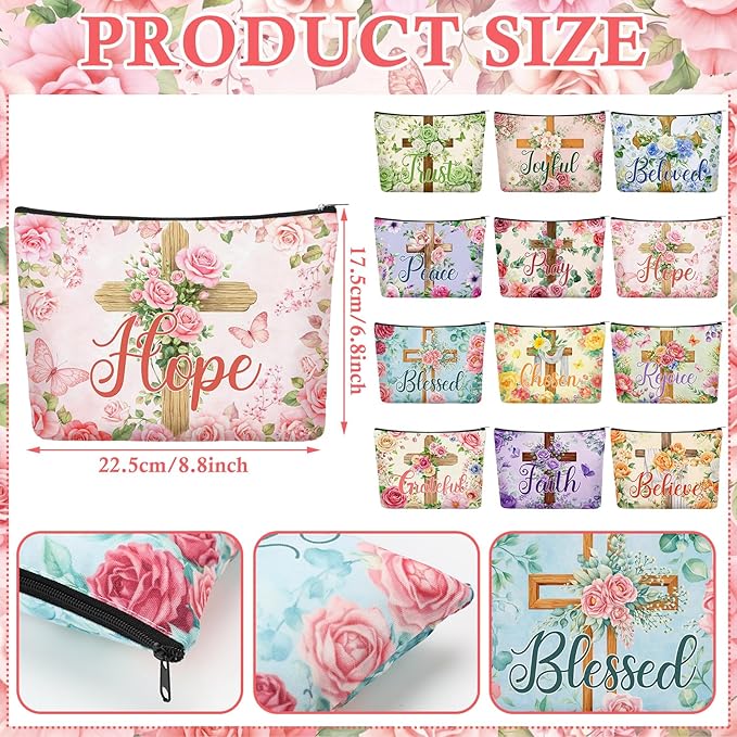 Sweetude 12 Pcs Christian Makeup Bags Bulk Religious Flower Cross Portable Travel Cosmetic Bags with Zipper Cross Waterproof Roomy Travel Toiletry Organizer Storage Beauty Pouch for Women Gifts