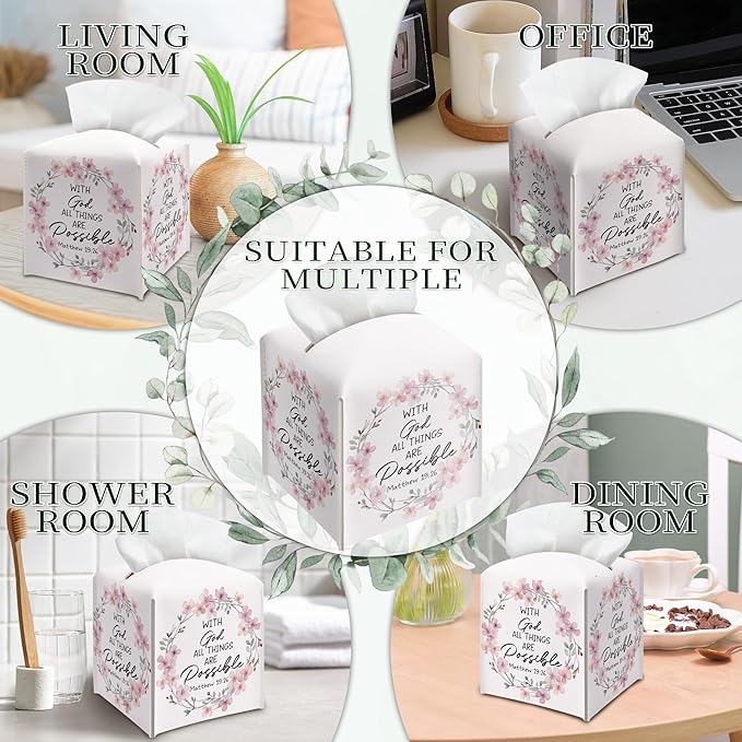 with God All Things are Possible Tissue Box Cover Square, Pink Wreaths Waterproof Leather Tissue Box Holder, Pink Paper Facial Tissue Box Covers Cube for Office Bathroom Home Prayer Room