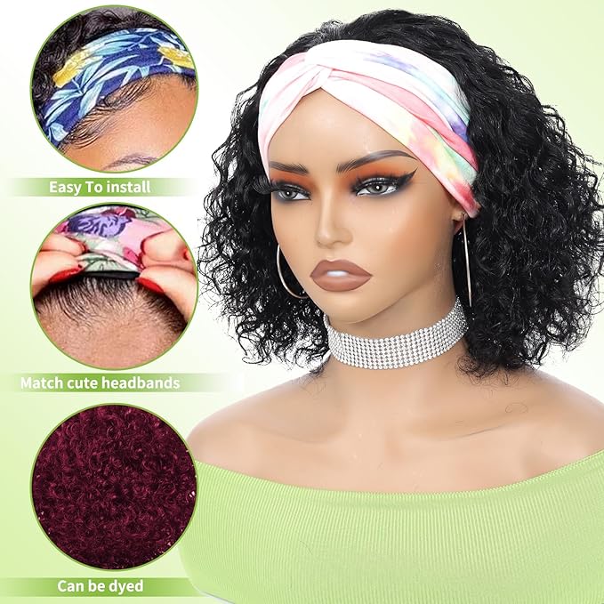 Headband Wig Human Hair Wigs for Black Women Curly Human Hair Wig Put on and Go Glueless Wig 12inch Headband Wigs Human Hair