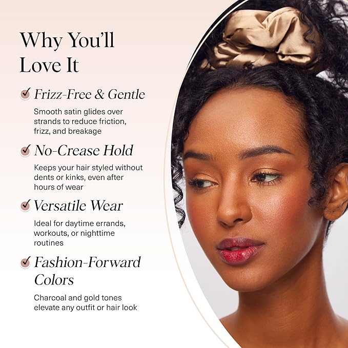 Kitsch Satin Scrunchies for Women - No Crease, Frizz Control | Softer Than Silk Scrunchies Gentle On Hair Scrunchies for All Hair Types | Stylish Hair Accessories - Charcoal & Gold, 2pcs