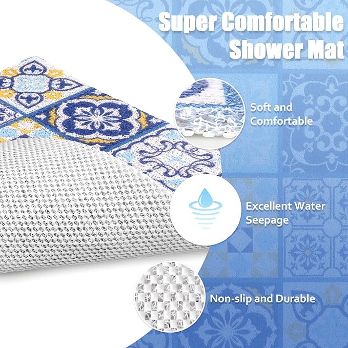 Non Slip Shower Mat, Soft Comfortable Shower Floor Mat with Drain, PVC Loofah Bath Mat for Shower, Bathroom and Wet Areas, Quick Drying Easy Cleaning