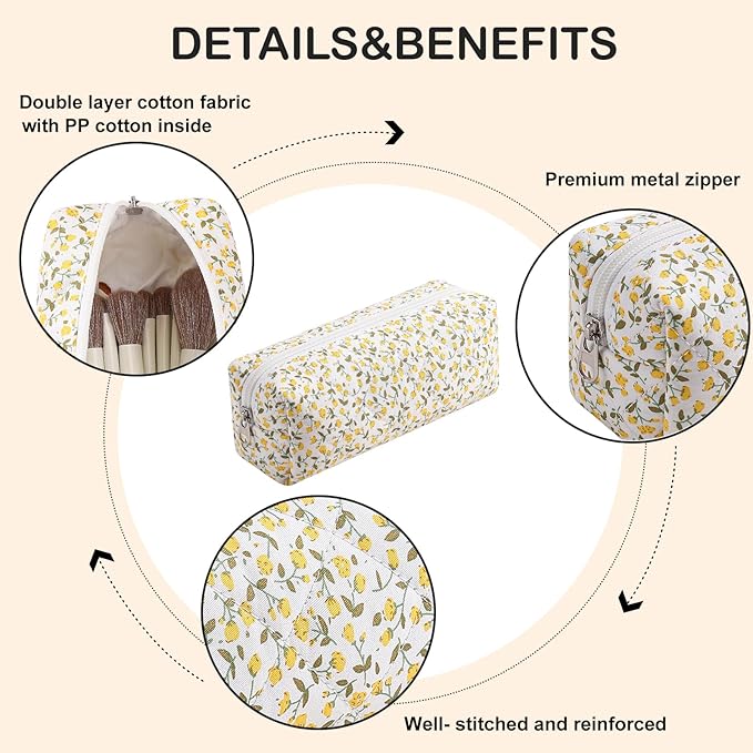 WHHJM Cute Floral Makeup Brush Bag Small Cotton Quilted Cosmetic Bag for Women Travel Toiletry Zipper Make Up Pouch (Yellow Floral)
