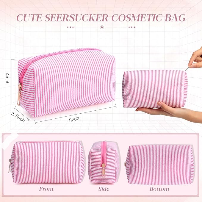 Sanwuta 6 Pcs Seersucker Cosmetic Bags Bulk Seersucker Makeup Bags Stripe Women Pouch Large Preppy Storage Pouch Toiletry Travel for Wedding Bridesmaid Bride Favor Back to Teacher Gift (Pink)