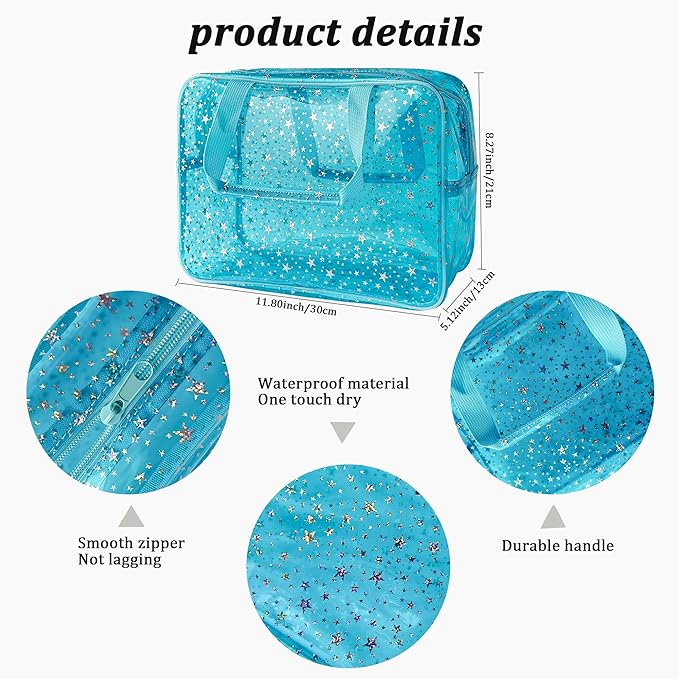 TotePrint Holographic Star Large Light Blue Makeup Cosmetic Organizer Bag and Travel Pouch with Handle,Durable Material,Zipper Design-Ideal for Makeup,Travel Essentials (Blue)