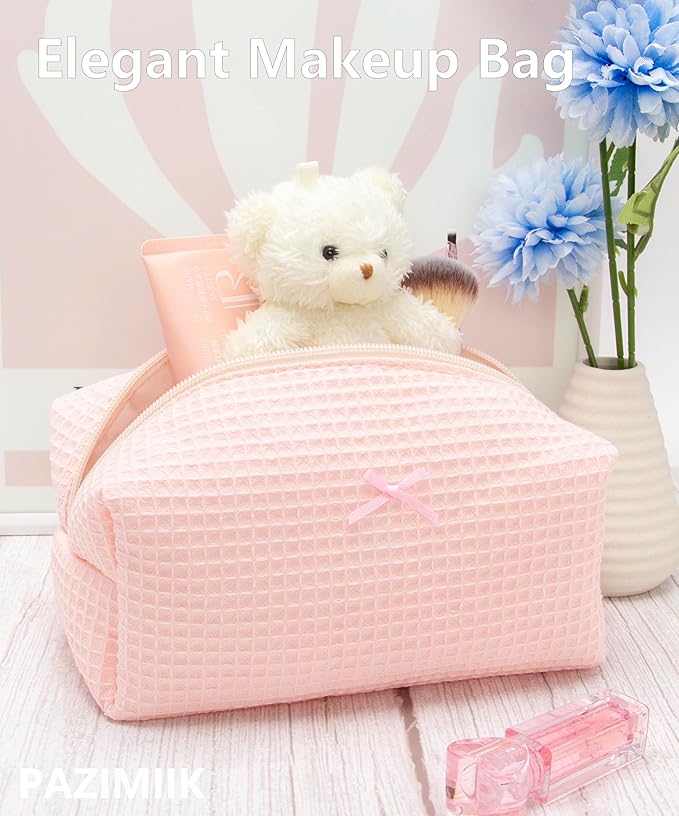 PAZIMIIK Cozy Makeup Bag for Women,Zipper Cosmetic Pouch,Waffle Pink