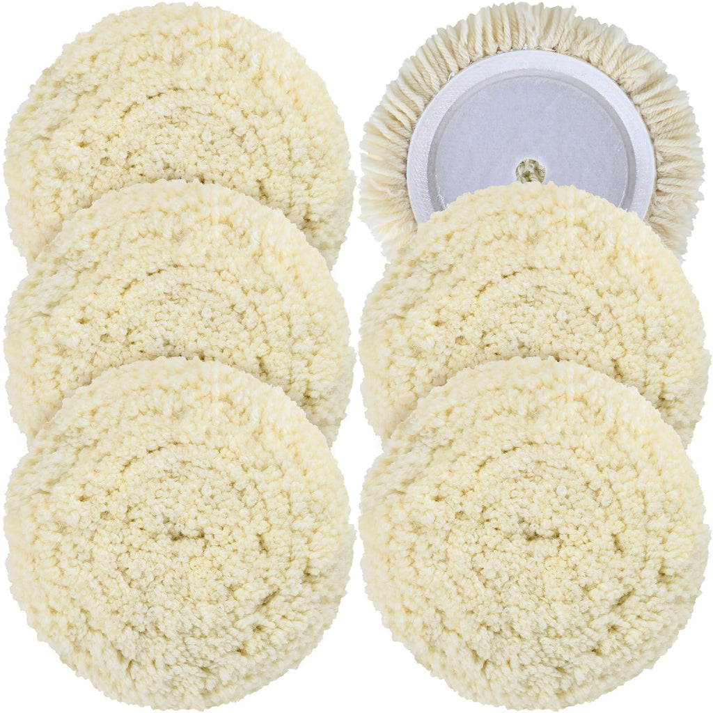 phepetroll 6 PCS Wool Buffing Polishing Pads - 8 Inch Natural Wool Cutting Pads with Hook and Loop Backing Compound & Polishing for Automotive Car Boats Glass Furniture Repair