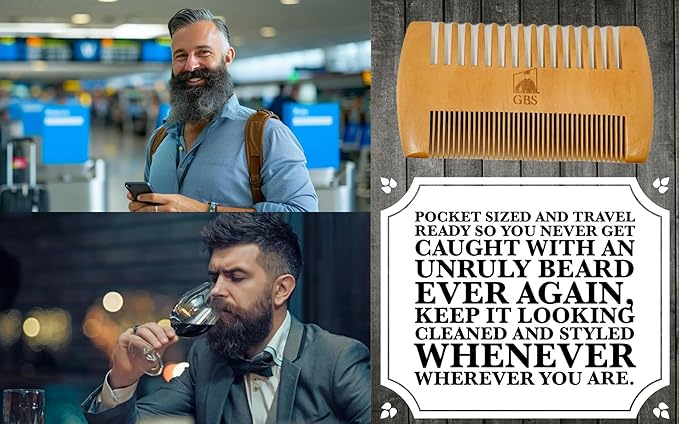 GENTS 2-Sided Wooden Beard & Mustache Comb with Fine & Coarse Teeth for Use with Balms, Wax and Oils - Pocket Sized