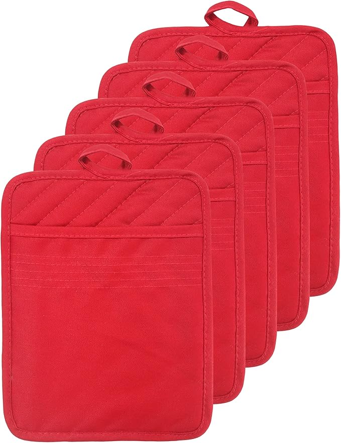 VEIKERY Oven Pot Holder with Pocket Cotton Heat Resistant Coaster Potholder Kitchen Hot Pad Oven Mitts for Cooking Square 7"x9"Set of 5 (Red)