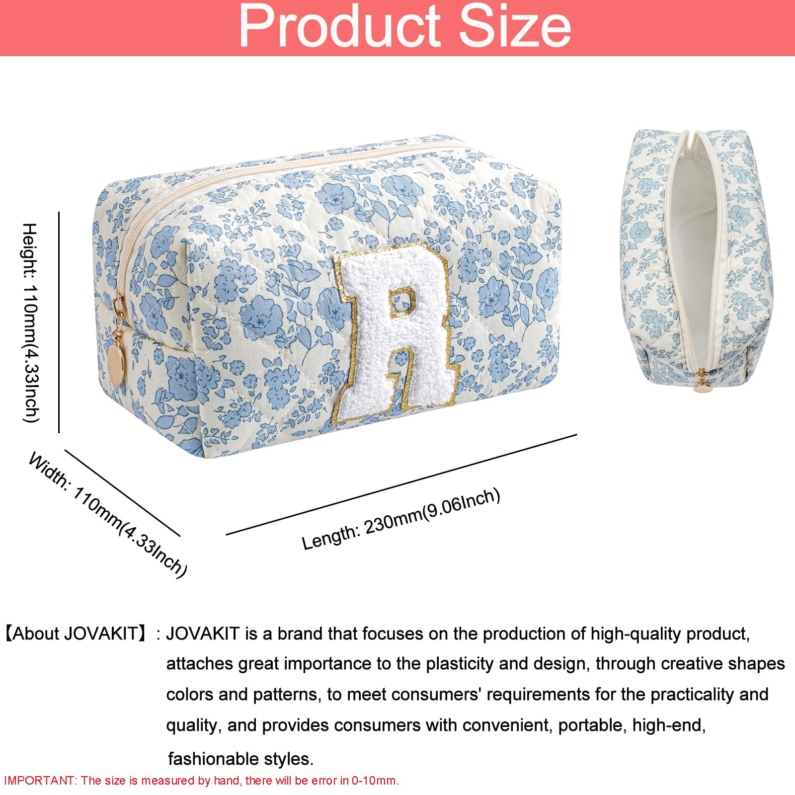 JOVAKIT Alphabet Makeup Bag Cosmetic Bag for Women, Christmas Gifts for Girls Age 6-18, Floral Flowers Coquette Travel Toiletry Zipper Make Up Pouch Organizer Trendy Stuff (Blue Floral R)