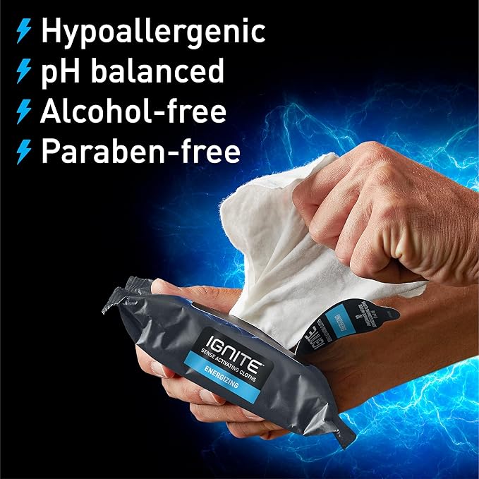 Ignite Mens Body Wet Wipes, Extra Thick 8" x 8" Shower Wipes, Energizing Scent, 10 Count (Pack of 3)