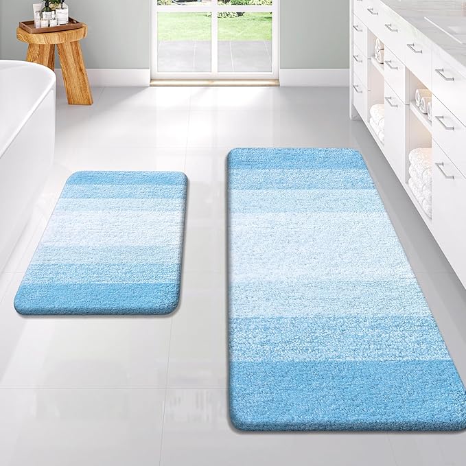 OLANLY Bathroom Rug Set 2 Piece, Soft Absorbent Microfiber Bath Rug Set, Non-Slip, Machine Wash Dry, Plush Shaggy Bath Mats for Bathroom (47"x20"+24"x16", Sky Blue)