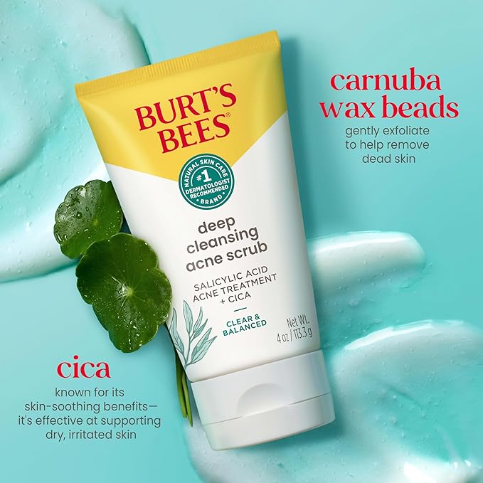 Burt’s Bees Clear and Balanced Deep Cleansing Acne Scrub, Salicylic Acid Acne Treatment with Cica, Facial Cream Exfoliator Helps Unclog Pores and Reduce Acne, 4 Oz