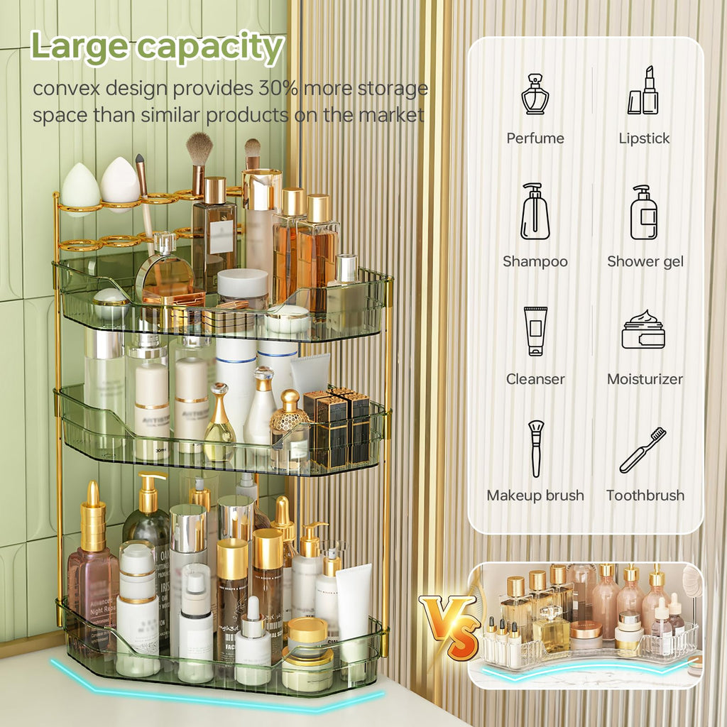 ZZWILLB Corner Bathroom Counter Organizer with Makeup Brush Holder & Toothbrush Holders, Makeup Organizer for Vanity Countertop, Acrylic Skincare Storage Shelf (Green, 3-Tier)