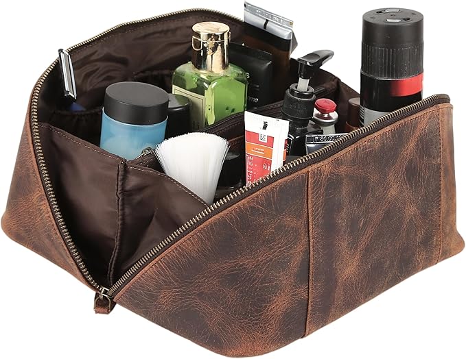 KomalC Luxury Leather Men’s Toiletry Travel Bag – Handmade Shaving Kit with Waterproof Interior, Spacious Storage & Carry Handle – leather travel Kit Bag for Men & Women