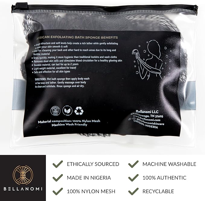 BELLANOMI African Exfoliating Net Sponge, Authentic, Ethically sourced from Nigeria, 45 inches Long, Back Scrubber for Daily use (Black)