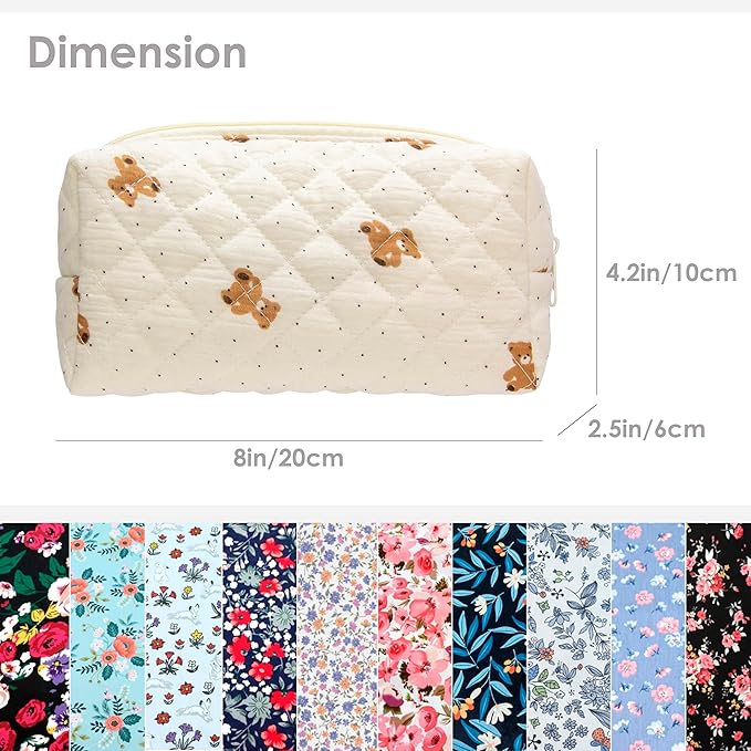 PAZIMIIK Small Quilted Makeup Bag,Zipper Cosmetic Pouch,Gauze Bear