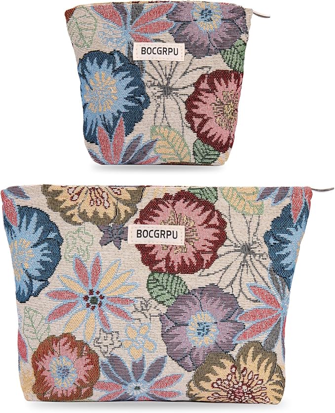 BOCGRPU 2 PCS Makeup Bag Set Cute Small Cosmetic Bag for Purse ，Large Toiletry Bag Makeup Organizer，Travel Pouch with Zipper for Women, (Flower Garden White)