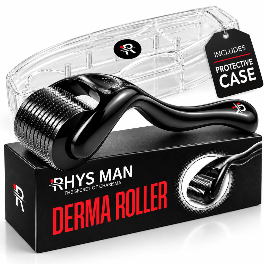 Rhys Man Derma Roller 0.25mm with Storage Case – Titanium Dermaroller for Beard, Face & Scalp Care, 540 Needles Skin Care Tool for Men & Women