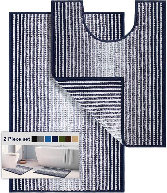 Bathroom Rugs Sets 2 Piece, Toilet Rugs U-Shaped, Contour Bath Mat Set for Toilet Bathroom, Soft Absorbent Chenille Bath Carpet, Quickly Dry, Washable (Navy, 32" x 20" + 24" x 20")