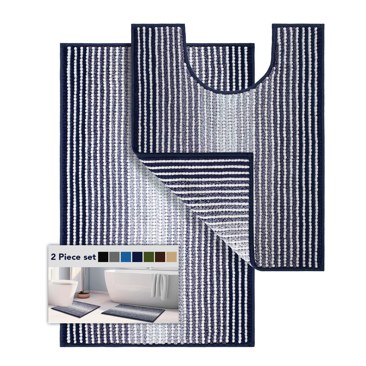 BSICPRO Bathroom Rugs Sets 2 Piece, 32"x20" + U-Shaped 24"x20", Navy Blue