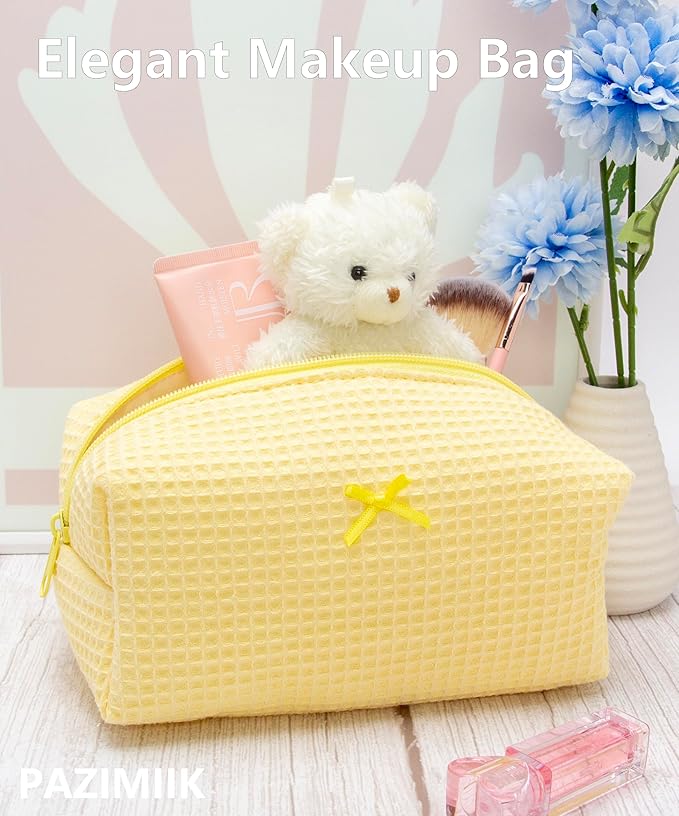 Cozy Makeup Bag for Women,Zipper Cosmetic Pouch,Waffle Yellow,6 Pack