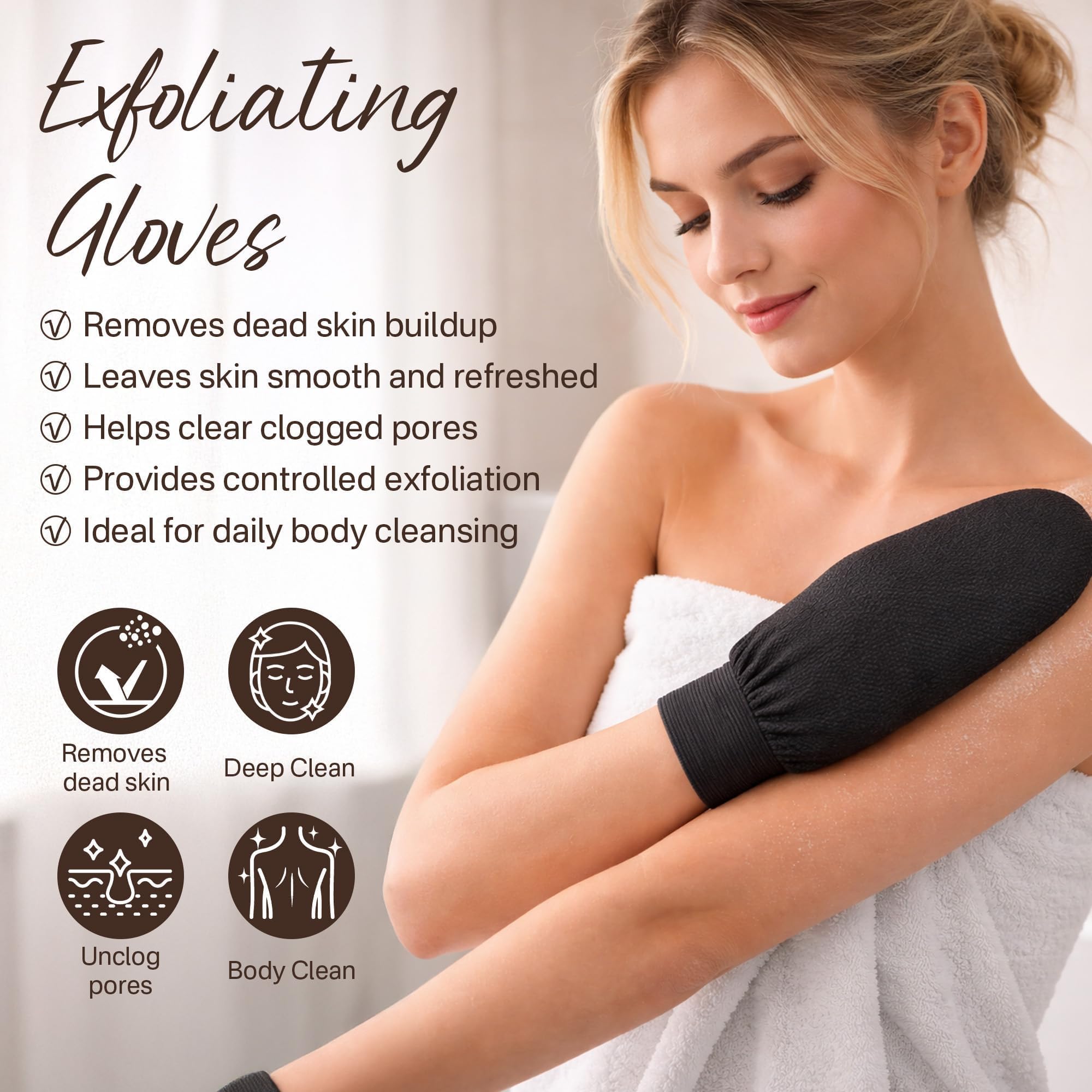 Exfoliating Gloves 2 Pcs, Korean Exfoliating Mitt, Body Scrub for Dead Skin Remover, Exfoliating Body Scrubber for Bath Shower, Body Exfoliator Scrubber, Moroccan Exfoliate Glove, Women Men (Black)
