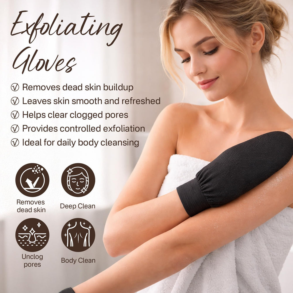 Exfoliating Gloves 2 Pcs, Korean Exfoliating Mitt, Body Scrub for Dead Skin Remover, Exfoliating Body Scrubber for Bath Shower, Body Exfoliator Scrubber, Moroccan Exfoliate Glove, Women Men (Black)