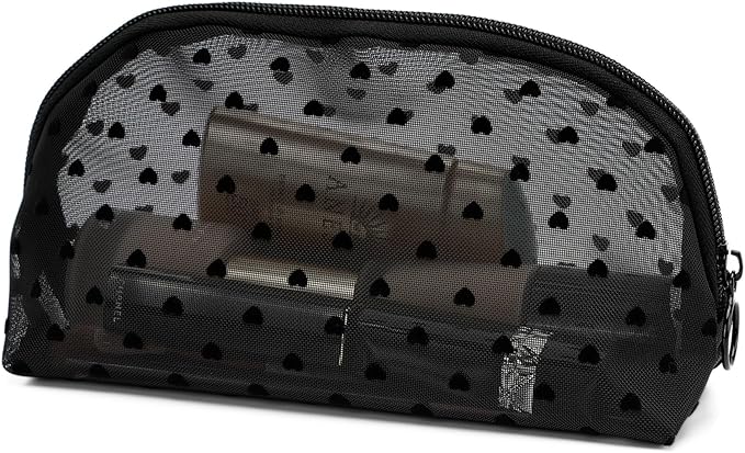 TOPASION Portable Mesh Makeup Bag with Zipper Small Travel Toiletry Bag Lightweight Cosmetic Pouch (Black&Black Heart Half Round)