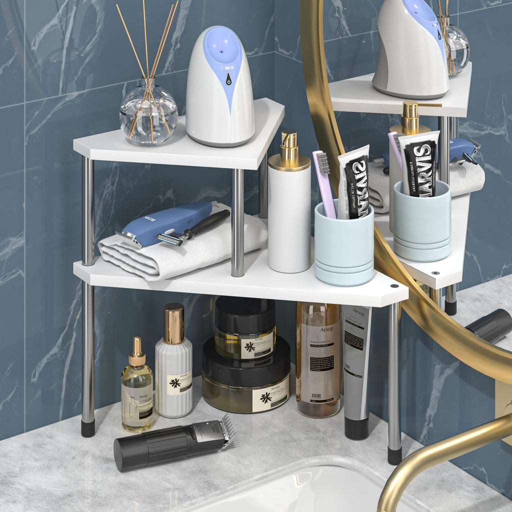 Weenson Bathroom Counter Organizer Over Sink for Toiletries Makeup, Kitchen Countertop Organizer Spice Rack for Salt, 2-Tier Corner Counter Shelf for Coffee Area Storage Dresser Table Bamboo