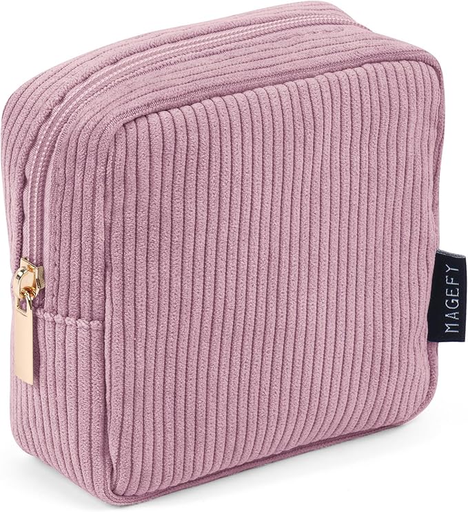 MAGEFY Small Makeup Bag for Purse Mini Cosmetics Bag Corduroy Cute Cosmetic Pouch for Women with Slip-in Pockets (Pink)