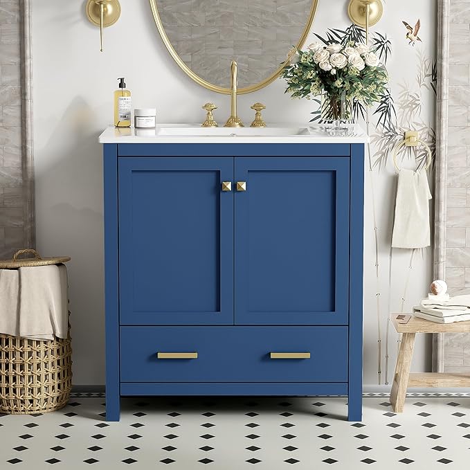 Bellemave 30" Bathroom Vanity with Sink Combo Set, Solid Wood Frame Bathroom Storage Cabinet with a Drawer, 2 Soft Closing Cabinet Doors with Organizer, Blue