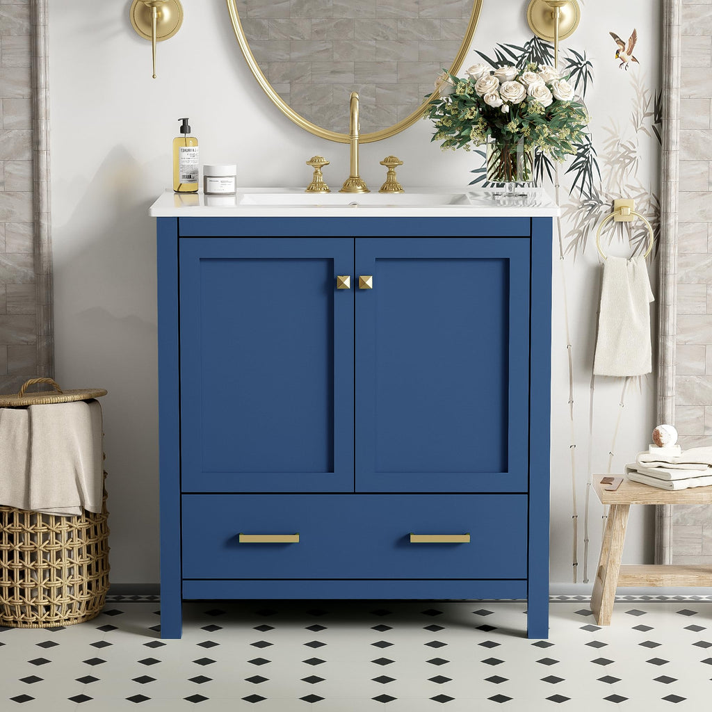 Bellemave 30" Bathroom Vanity with Sink Combo Set, Solid Wood Frame Bathroom Storage Cabinet with a Drawer, 2 Soft Closing Cabinet Doors with Organizer, Blue