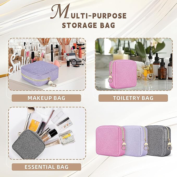 Playexen 5.7" Small Makeup Bag, Glitter Cosmetics Bag for Purse, Portable Small Travel Makeup Pouch with Ring Buckle (Black)