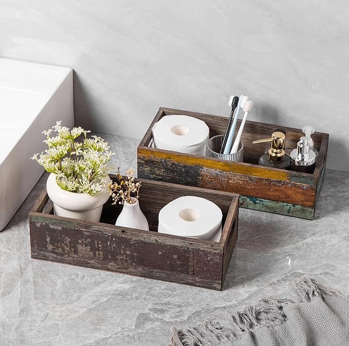 TIMRIS Farmhouse Distressed Wooden Storage Box, Rustic Bathroom Decor Box, Decorative Toilet Tank Basket Nice Butt, Solid Reclaimed Wood Organizer Box with Handles (Random)