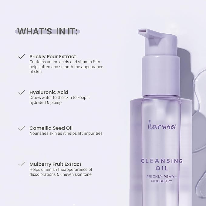Karuna Cleansing Oil for Face - Gentle Makeup Remover Oil with Camellia, Hyaluronic Acid, Prickly Pear & Aloe - Pre-Cleanse Oil Based Face Cleanser for All Skin Types Including Oily & Blemish-Prone