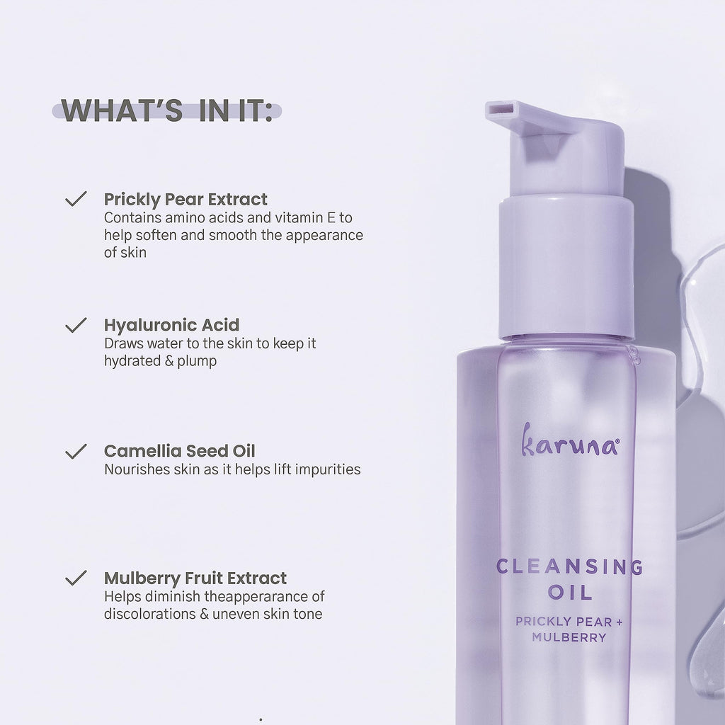 Karuna Cleansing Oil for Face - Gentle Makeup Remover Oil with Camellia, Hyaluronic Acid, Prickly Pear & Aloe - Pre-Cleanse Oil Based Face Cleanser for All Skin Types Including Oily & Blemish-Prone