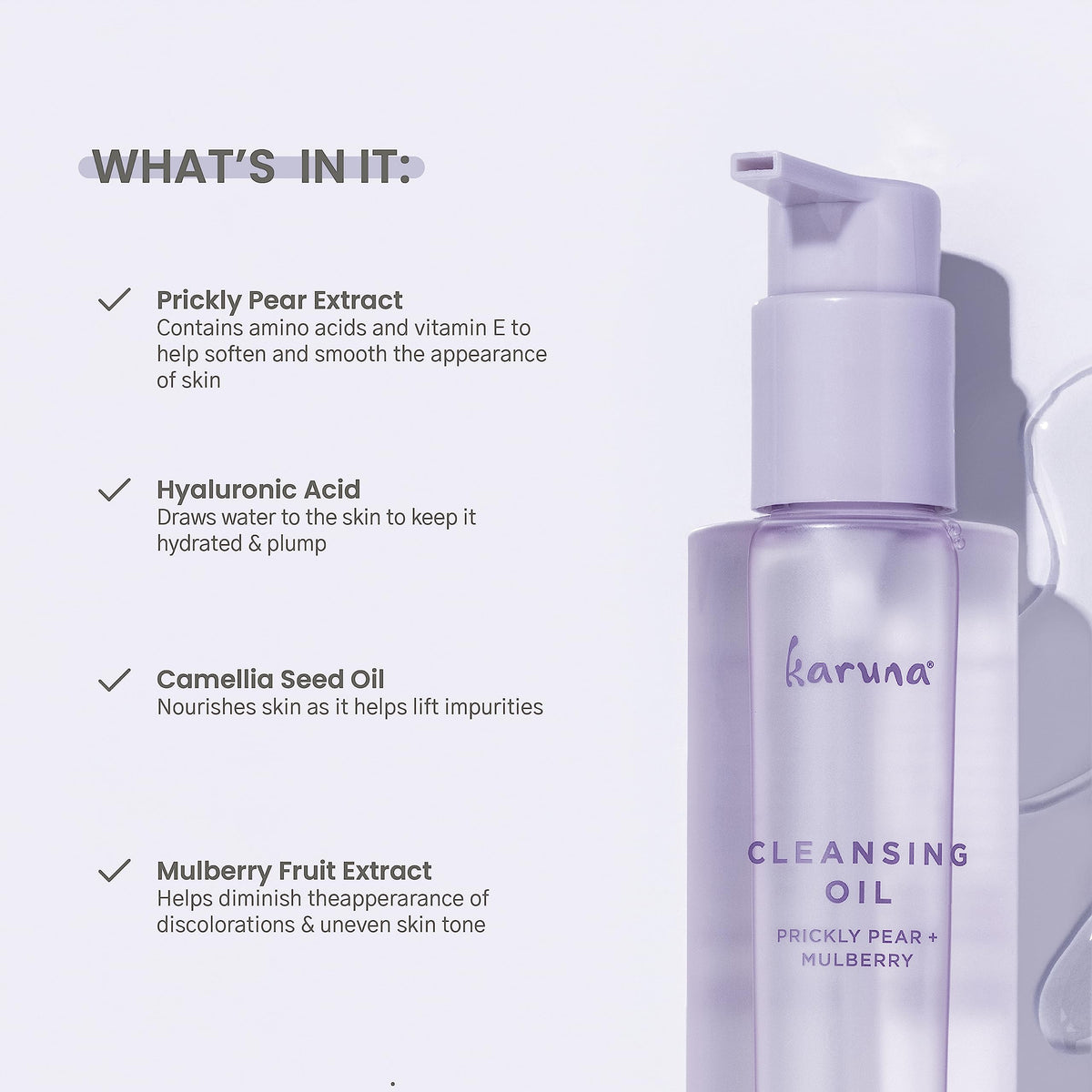 Karuna Cleansing Oil for Face - Gentle Makeup Remover Oil with Camellia, Hyaluronic Acid, Prickly Pear & Aloe - Pre-Cleanse Oil Based Face Cleanser for All Skin Types Including Oily & Blemish-Prone