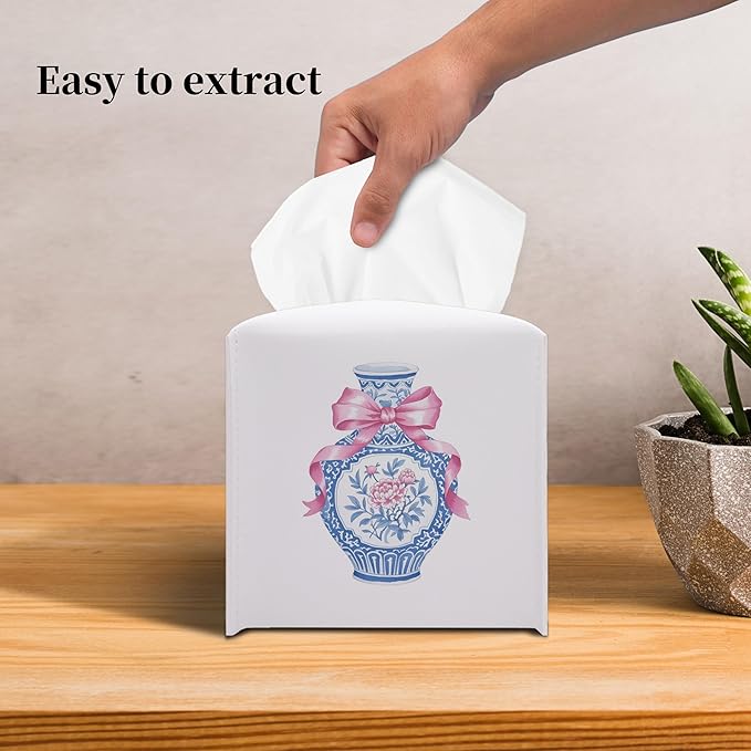 Grace Yonks Cute Tissue Box Cover Square - Blue Floral Vase & Pink Ribbon Design 5.2" PU Leather Holder for Vanity, Desk, or Bathroom Counter - Cube Case for Facial Tissues(005)