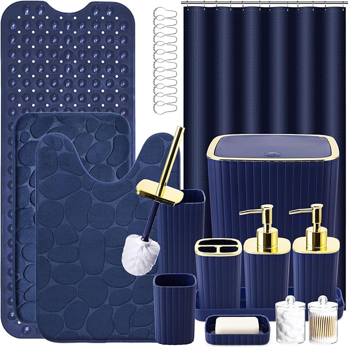 XLHOMO Bathroom Accessory Set - 25PC Green Bathroom Sets, Bathroom Set with Shower Curtain and Rugs, Dark Green Shower Curtain Set, Trash Can, Qtip Holder & Soap Dispenser