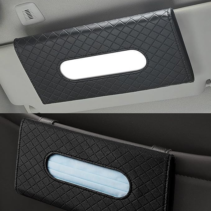 Car Sun Visor Tissue Holder, 2 Pack Vehicle Napkin Box, Premium PU Leather, Car Mask Holder for Sun Visor Vehicle, with Tissue Refill, Black