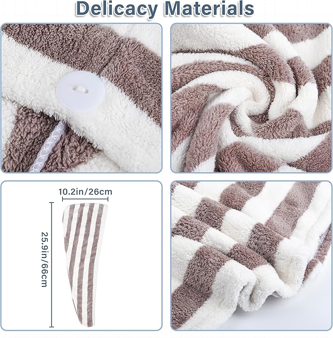 Microfiber Hair Towel Wrap, Quick Dry Hair Turbans with Button, Ultra Soft Thickening Coral Fleece Dry Hair Cap, Anti Frizz Hair Turban Towel for Curly Long Thick Hair