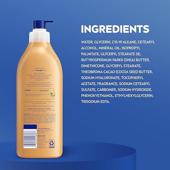 NIVEA Cocoa Butter Body Lotion for Dry Skin with Hyaluronic Acid, 16.9 Oz