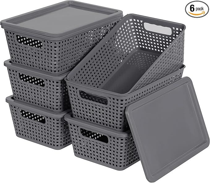 Anywish Plastic Storage Baskets With Lid, Storage Bins for Organizing, Stackable Decorative Containers for Shelves Drawers Desktop Closet Playroom Classroom Office, 6 Pack-Grey