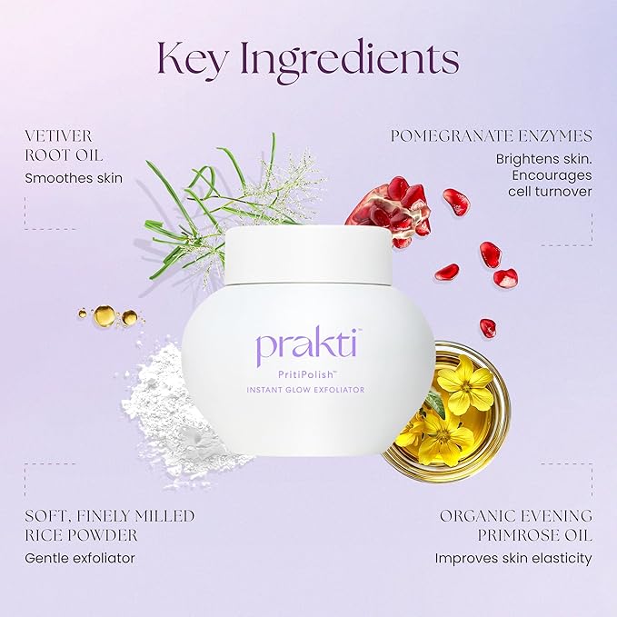 Prakti PritiPolish Instant Glow Exfoliator, Gentle Facial Scrub Clears & Minimizes Pores, Instantly Smooths & Softens with Natural AHAs, 1 oz