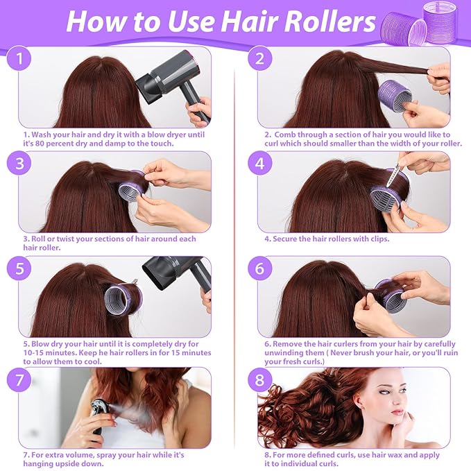 Jumbo Hair Curlers Set - 24 Pieces with 12 Large Rollers and 12 Clips for Adding Volume to Long, Thick Hair (Purple)
