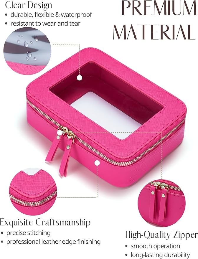 Popvibe Clear Makeup Bag Travel Cosmetic Case Transparent Toiletry Bag with Zipper, Portable Make Up Organizer Traveling Compact Car Bag for Essentials, Hotpink, Medium