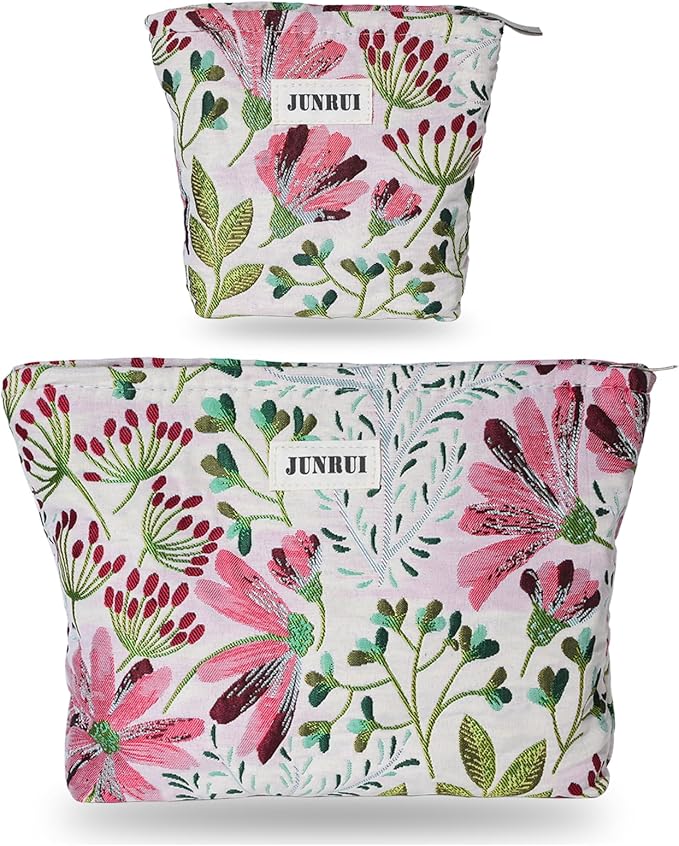 BOCGRPU Makeup Bag Small Cute Cosmetic Bags for Women，Floral Travel Toiletry Bag for Purse, Large Canvas Cosmetic Pouch Makeup Organizer Tool Pouch with Zipper（2Pcs Colorful Plant）